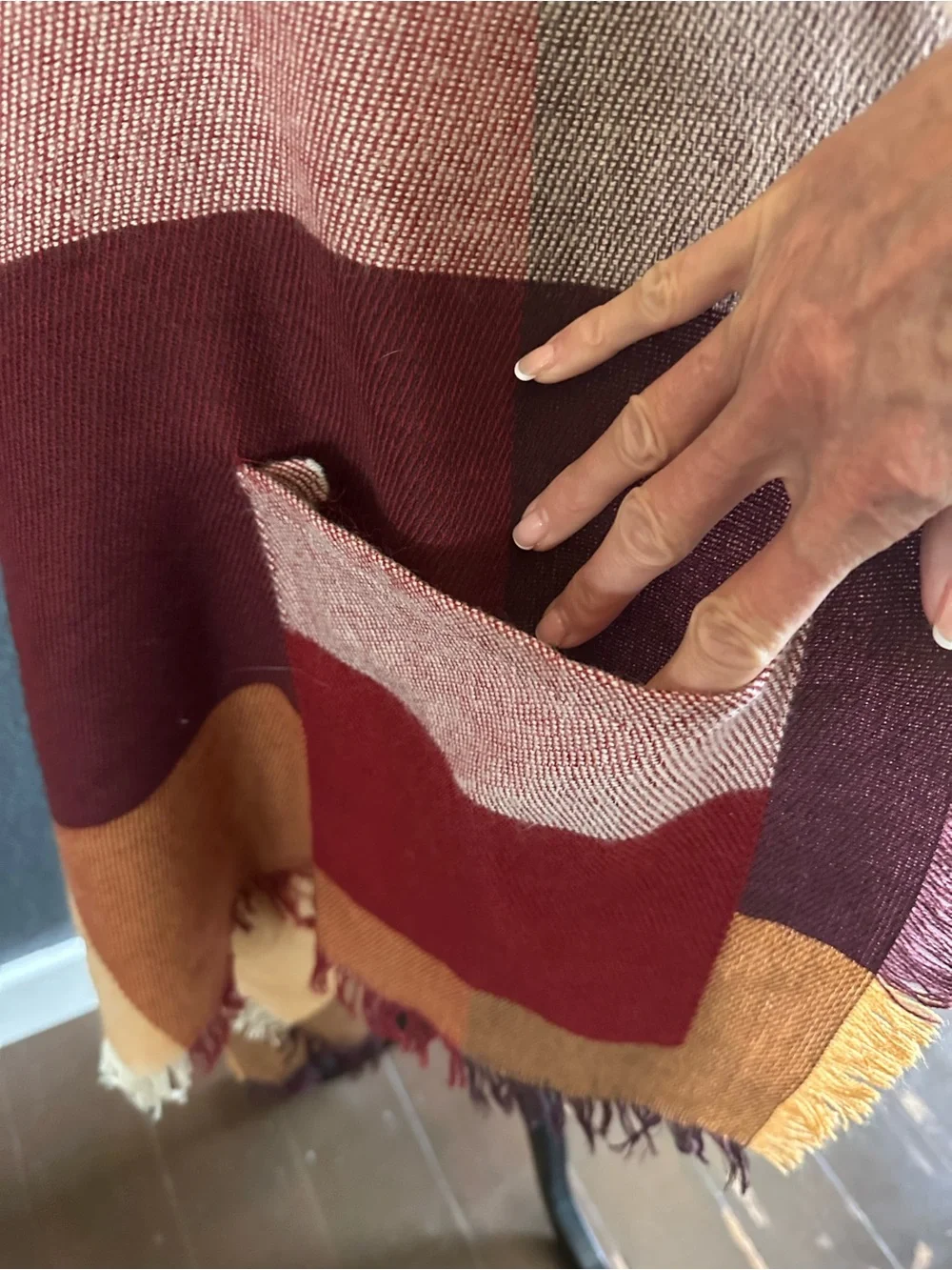 Grace & Lace Color Block Pocket Poncho Wrap Burgundy Rust OS